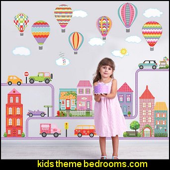 Girls Dollhouse Town, Adventure Cars, Hot Air Balloons with Purple Straight and Curved Road Wall Decals Removable and Reusable