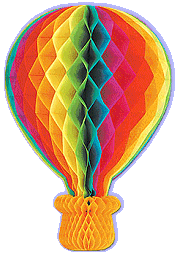 Tissue Hot Air Balloon is full of vibrant hues of the rainbow such as red, orange, yellow, green, blue and pink. Each 22 inch diameter Tissue Paper Hot Air Balloon has the honeycomb effect and hangs from a 3 inch string loop at the top. Hang several of these Hot Air Balloons from a doorway, archway or ceiling