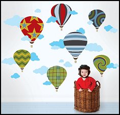 Decorate a room fit for serene skies with hot air balloon wall decals in stripes, spirals, and stars. To create nursery, bedroom, or playroom d�cor that soars, simply peel and stick. Float these repositionable balloons close together or send them adrift around the room. When it comes to possible arrangements, the sky's the limit. Feel free to redecorate, should your design ideas change course.