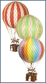 Have you ever wanted to go "up up and away" and float away above the world? There's terrific detail in this "Travels Light" hot air balloon model series. The balloon is actually a hard sphere so it will never deflate. The basket is a real woven reed basket. Hang at any height using fishing line, or group several together at different heights for a larger decorating statement.  Helium balloons were one of aviation's first successes. Since 1783, balloons have traveled the skies, often in unintended directions. Hand applied balloon strips. Hand woven netting and basket. Wooden toggles and sand bags. 