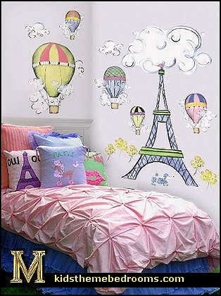 Oh la la! Create a whimsical mural on your walls with this fantastic MegaPack. Each pack contains hot air balloons, clouds, and a HUGE recreation of the Eiffel Tower. Cheerful bedding features pink and lavender bedding that would be a great addition to any little girl's room. Its decorative pillows feature fun Parisian sayings and images.