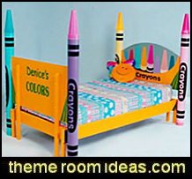 A colorful bed with a creative twist This delightful bed is perfect for your budding artist The bed is hand crafted from solid birch wood and is painted in fun vibrant hues Furthermore it features night light crayon bed posts that can fill your childs room with soft colored light The bed can be personalized with your childs name for that special touch Solid Construction to withstand rough and tumble play Easy Assembly. pencil theme decor crayon theme kids rooms fun furniture