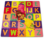 AlphaMat A thru Z in eight assorted colors Play & Learn Soft & Safe Interactive & Tactile Indoors & Outdoors. The letters come loose for later educational play. It's very colorful and fun kids rooms rugs 