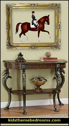 Horse console table Unleash unrivaled elegance upon your home with the Masterpiece Wild Horses Console Table. This classic demilune console table is adorned with horse-head and hoof footed cast legs and a generous display shelf. A hand-painted floral motif with a linen-textured top perfectly complement the distressed aged mahogany finishing, creating a console table that is a true work of art.