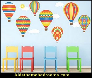 7 Hot Air Balloons and 5 Clouds Removable & Reusable Wall Decals. Red, blue, yellow and green bright hot air balloons in geometric, stripes and zigzag designs. A beautiful way to decorate a nursery, bedroom or playroom! Our decals are made from a fabric decal material that is removable, repositionable and reusable! What FUN! 