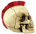 punk bedroom decor - wickedly awesome human skull figure / statue has a bristly red Mohawk